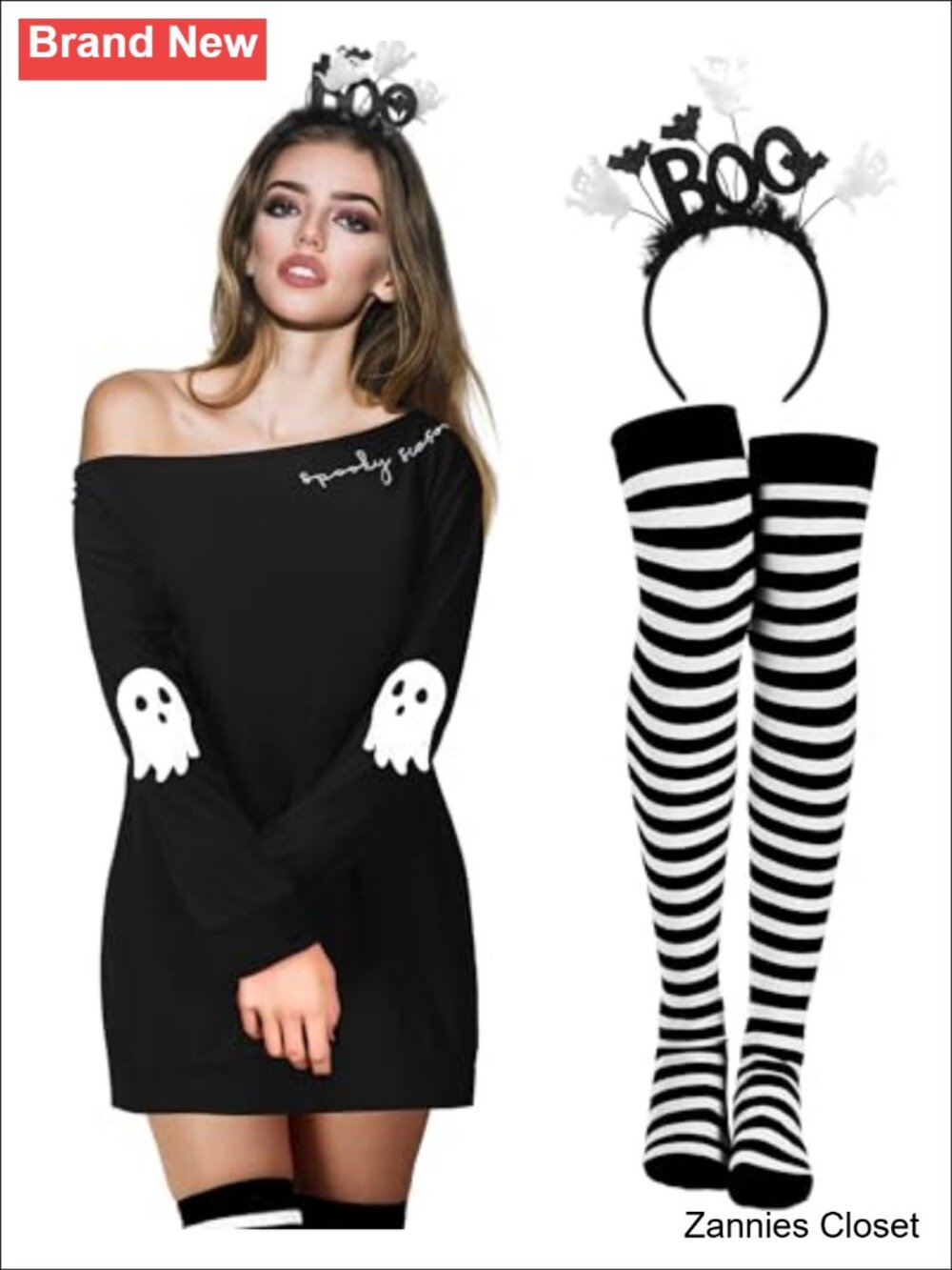 👻 3 Pc Halloween Ghost Pumpkin Dress Knee High Socks Headband Costume